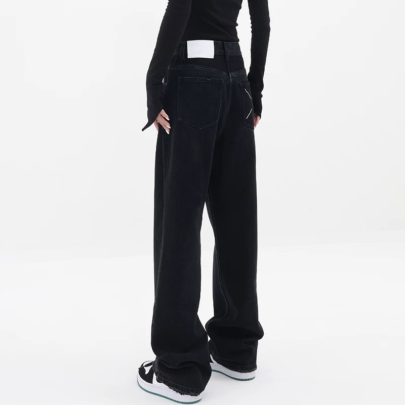 Quần jean ống thẳng lót lông cừu mùa thu đông dành cho nữ cỡ lớn, cạp cao, dáng rộng, che hông, giảm béo, mềm mại, ống rộng, quần dài đến sàn.