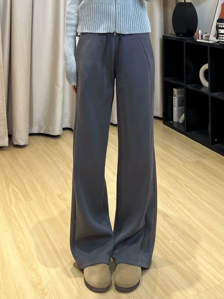 Quần thể thao màu xám đậm dành cho nữ, mùa xuân, cỡ lớn, cạp cao, che hông, giảm béo, dáng quả lê, quần thể thao ống rộng.