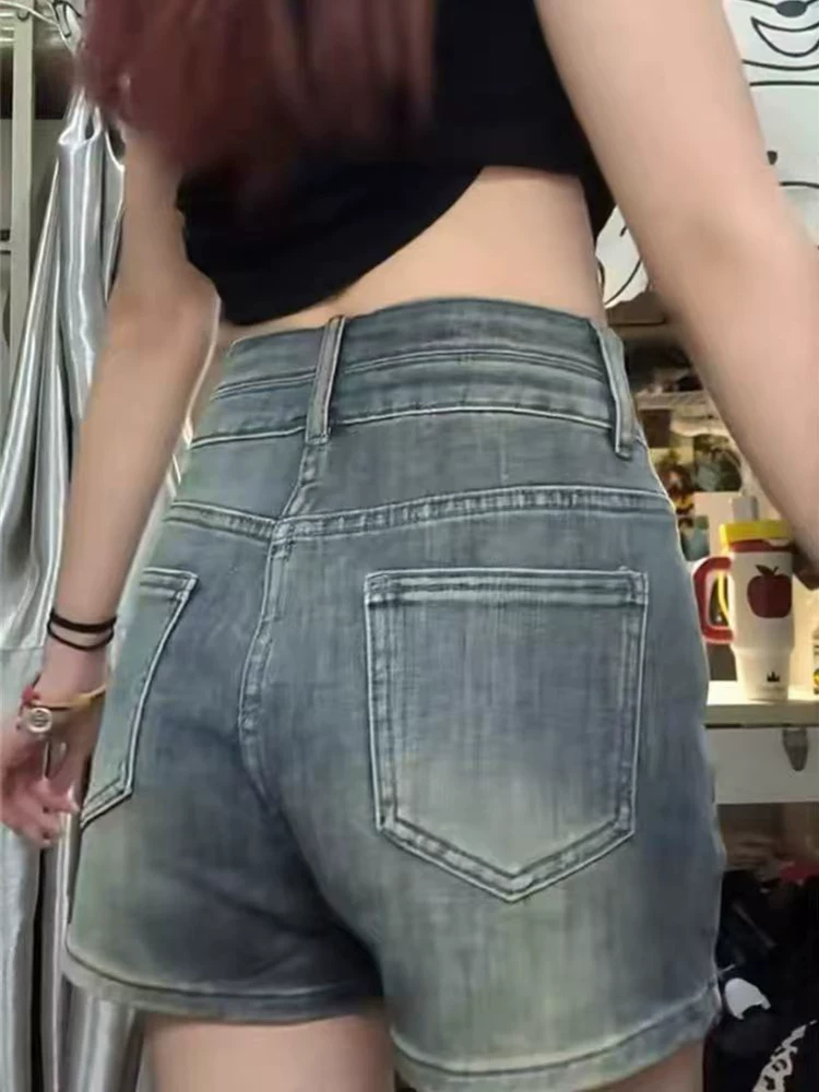 Quần short denim cổ điển kiểu Mỹ dành cho nữ, cỡ lớn mùa hè, cạp cao, co giãn, thon gọn, quần ống rộng dáng chữ A nhỏ nhắn.