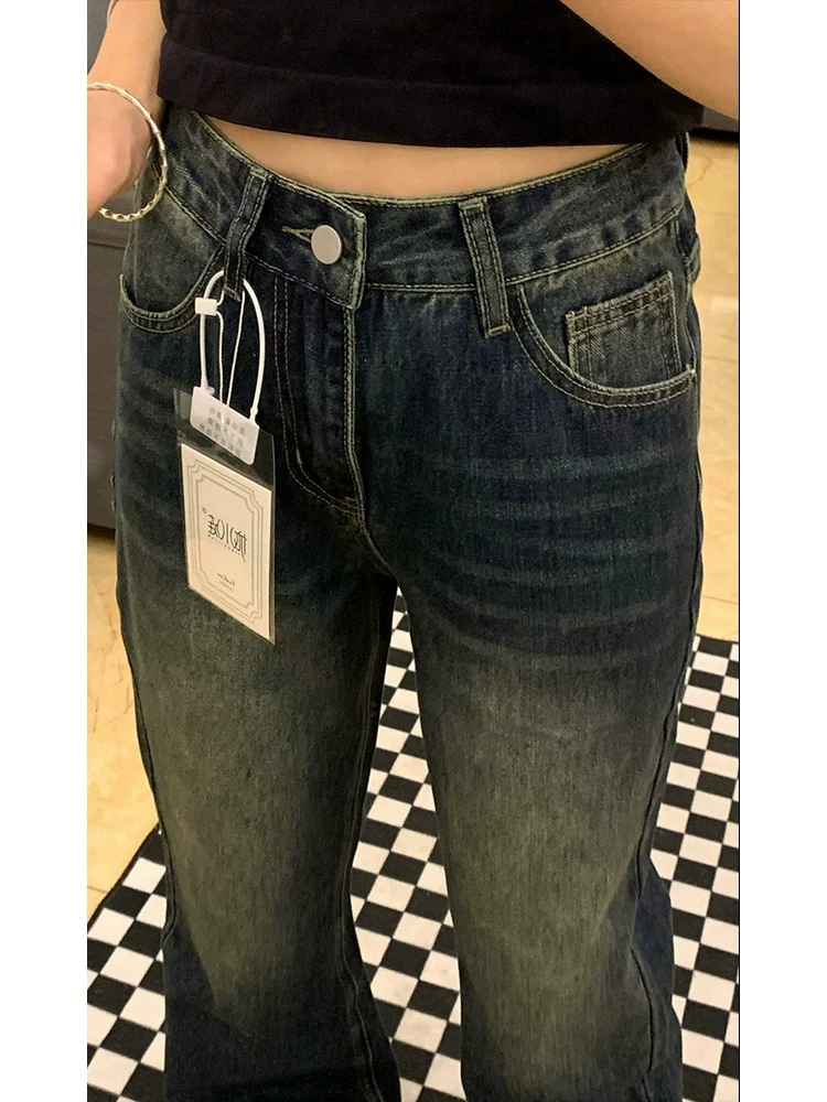 Quần jeans dáng chuông retro dáng quả lê cho nữ, mẫu mới đầu thu, size lớn, cạp cao, rộng thùng thình, dài chấm đất