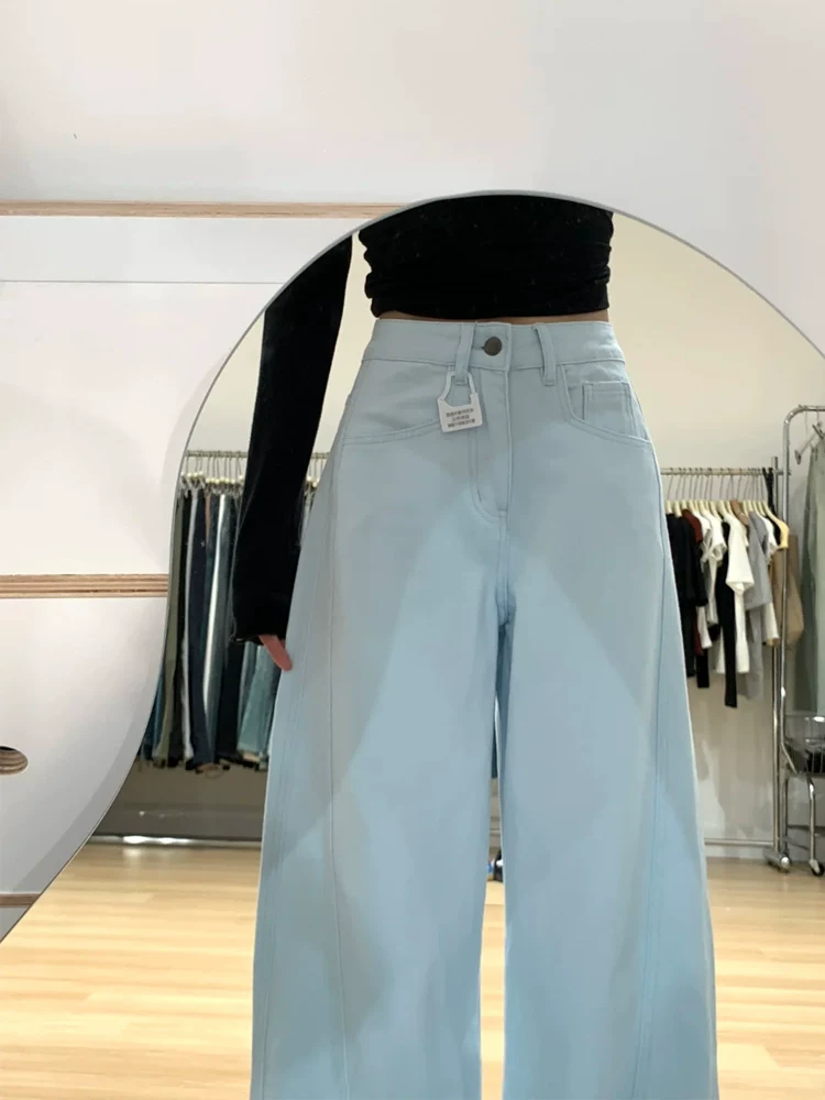 Quần jean viền cong màu xanh nhạt dành cho nữ, mùa thu, cỡ lớn, lưng cao, dáng rộng, thon gọn, dáng quả lê, quần ống rộng thẳng