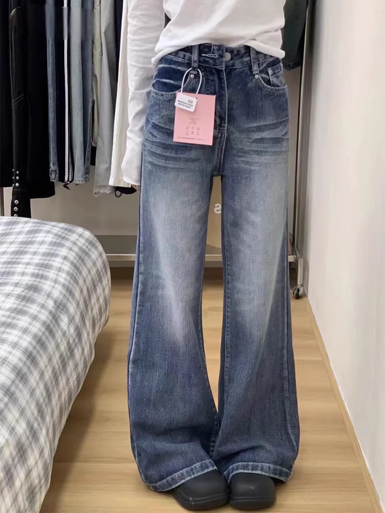 Quần jeans ống loe dáng thẳng kiểu Mỹ cổ điển dành cho nữ, thu đông 2024, size lớn, cạp cao, rộng rãi, tôn dáng