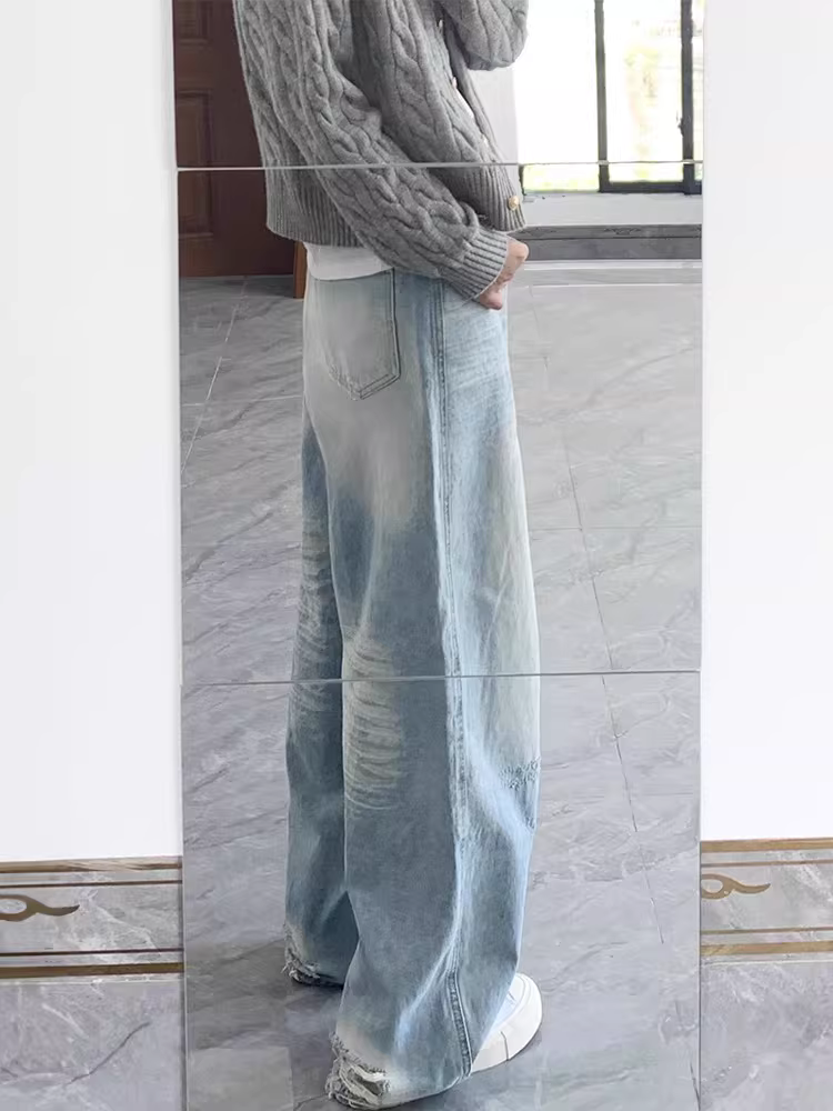 Quần jean màu sáng dành cho nữ, kiểu mới xuân 2025, size lớn, cạp cao, dáng rộng, tôn dáng, rách, ống rộng, dài chạm sàn.