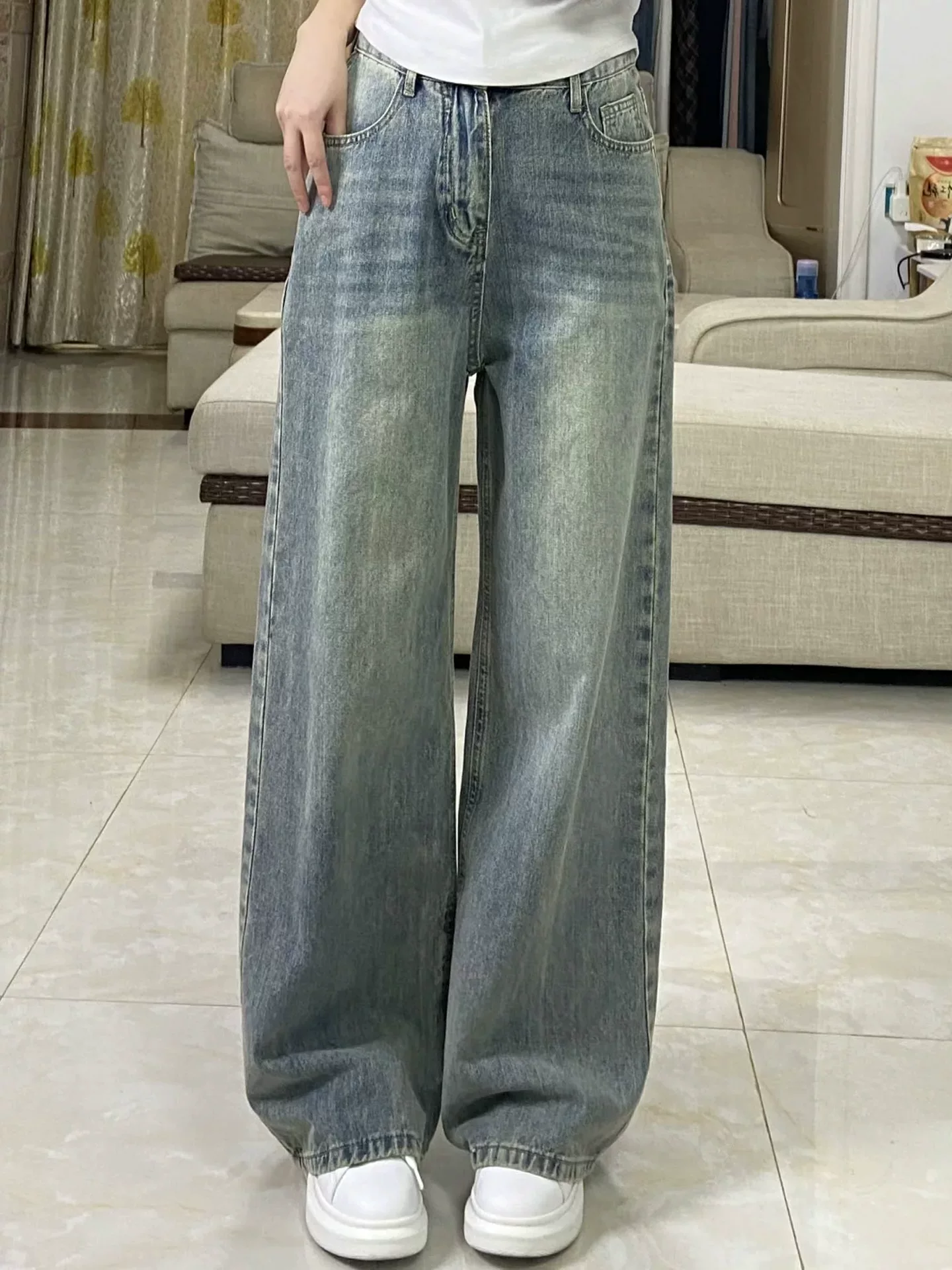 Quần jean ống rộng cổ điển dành cho nữ, phong cách đầu thu, cỡ lớn, lưng cao, dáng rộng, thon gọn, dáng quả lê, quần ống thẳng hẹp