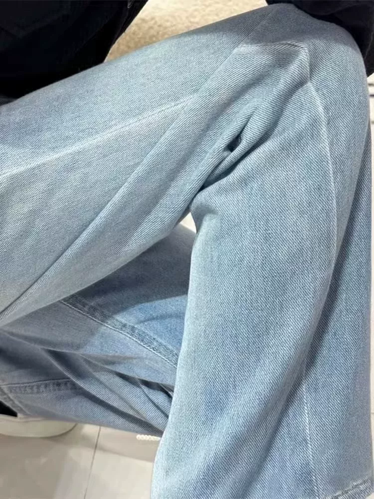 Quần jean ống thẳng màu xanh nhạt dành cho nữ có thân hình hình quả lê, đầu thu, cỡ lớn, cạp cao, quần ống rộng thon gọn