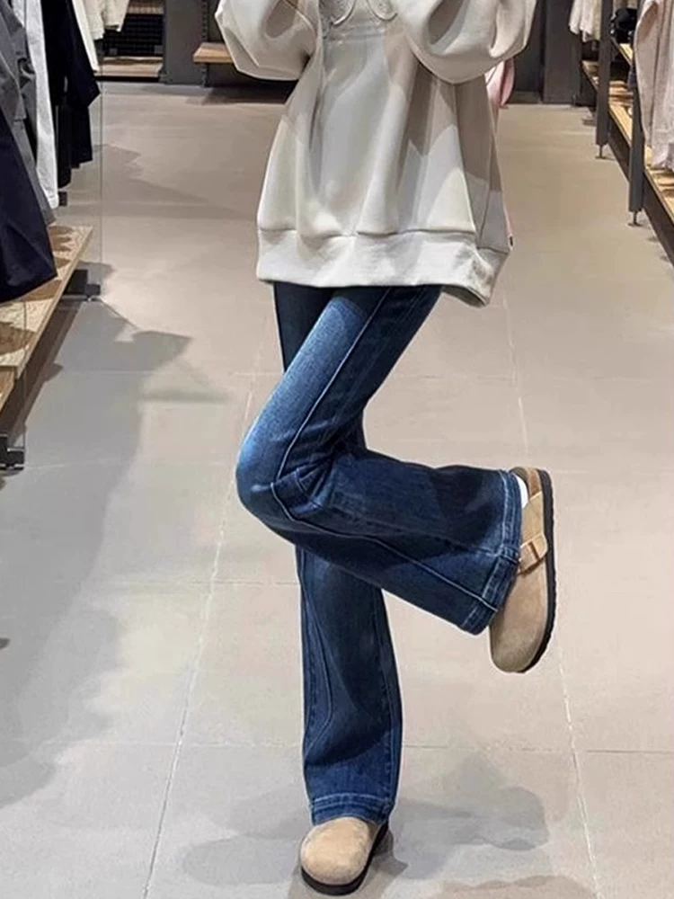 Quần jeans ống đứng dáng rộng cổ điển dành cho nữ mùa thu đông 2025, lót lông cừu, size lớn, cạp cao, co giãn, tôn dáng, kiểu dáng quần ngựa