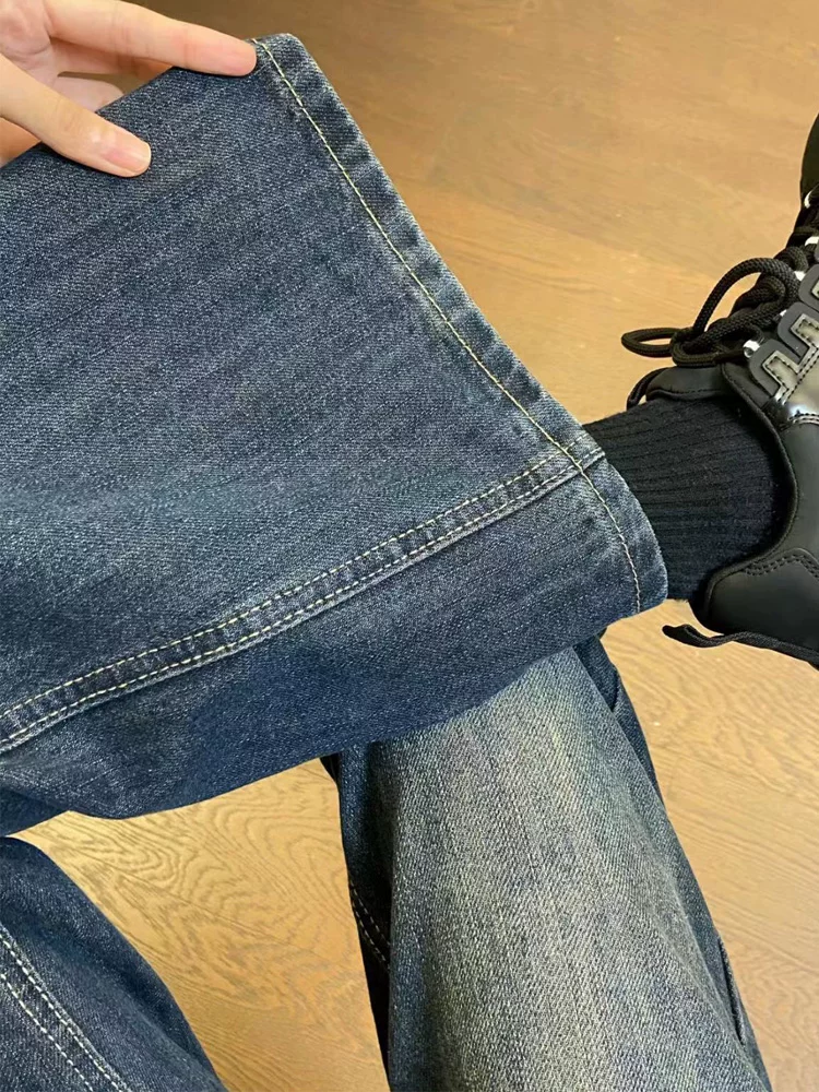 Quần jean ống rộng dáng chữ E màu xanh retro dành cho nữ, size lớn, cạp cao, dáng rộng, tôn dáng, dài chấm đất