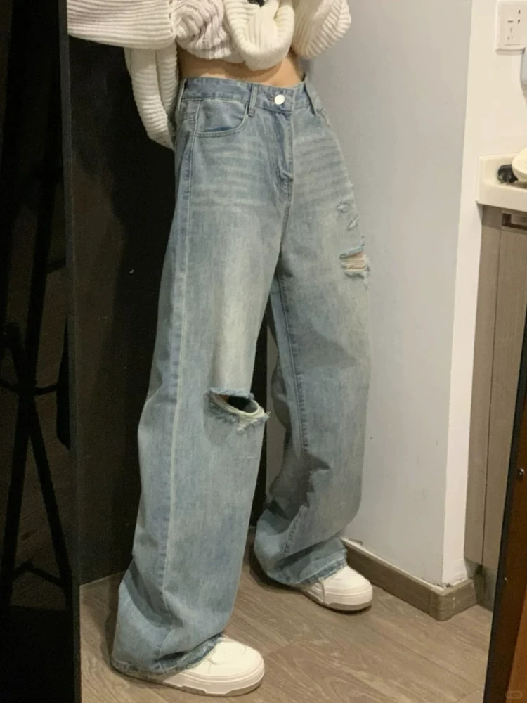 Quần jeans xanh nhạt rách gối nữ, hè 2025, kiểu dáng mỏng, size lớn, cạp cao, dáng rộng, tôn dáng, dành cho người có thân hình quả lê, quần ống rộng