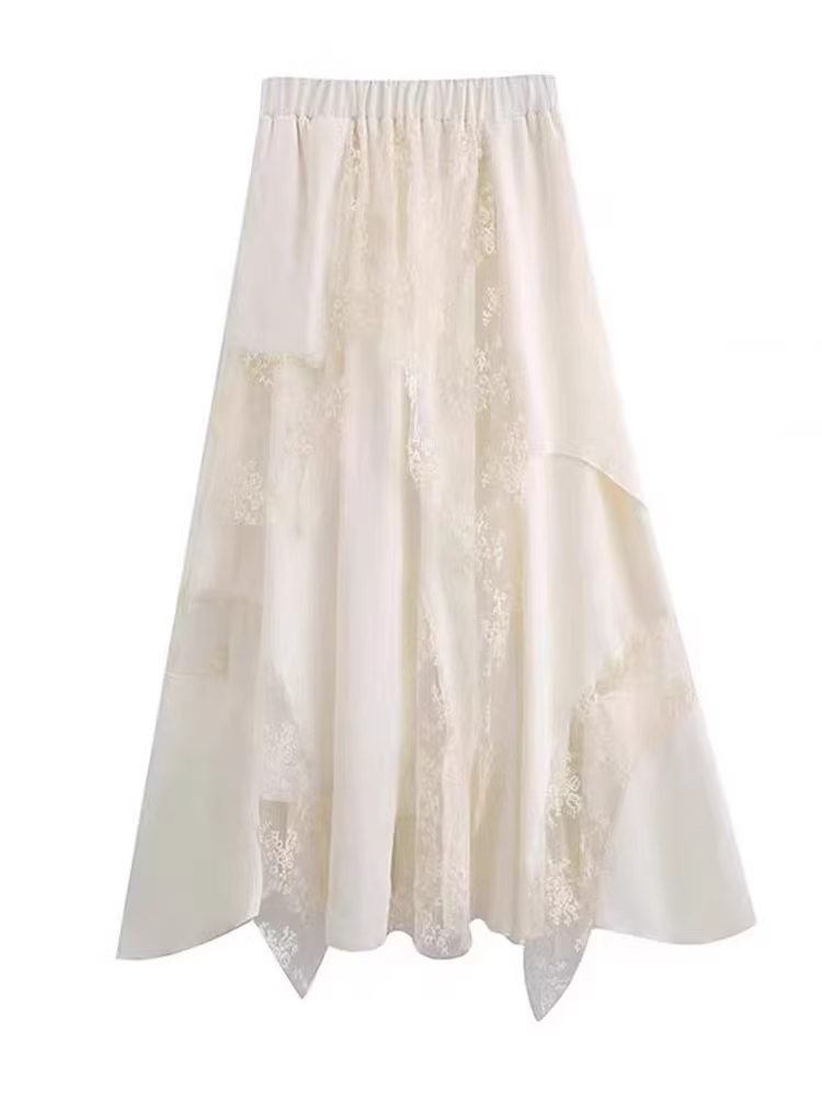 Váy ren nữ hè 2025 kiểu mới, size lớn, cạp cao, che hông, tôn dáng, dáng chữ A bất đối xứng, nhiều tầng