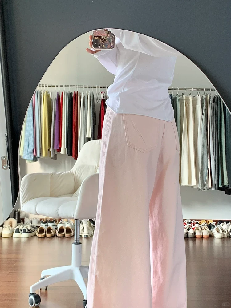 Quần jeans ống rộng màu hồng dành cho nữ mùa hè 2025, size lớn, cạp cao, dáng rộng, suôn mềm, tôn dáng, kiểu dáng thẳng