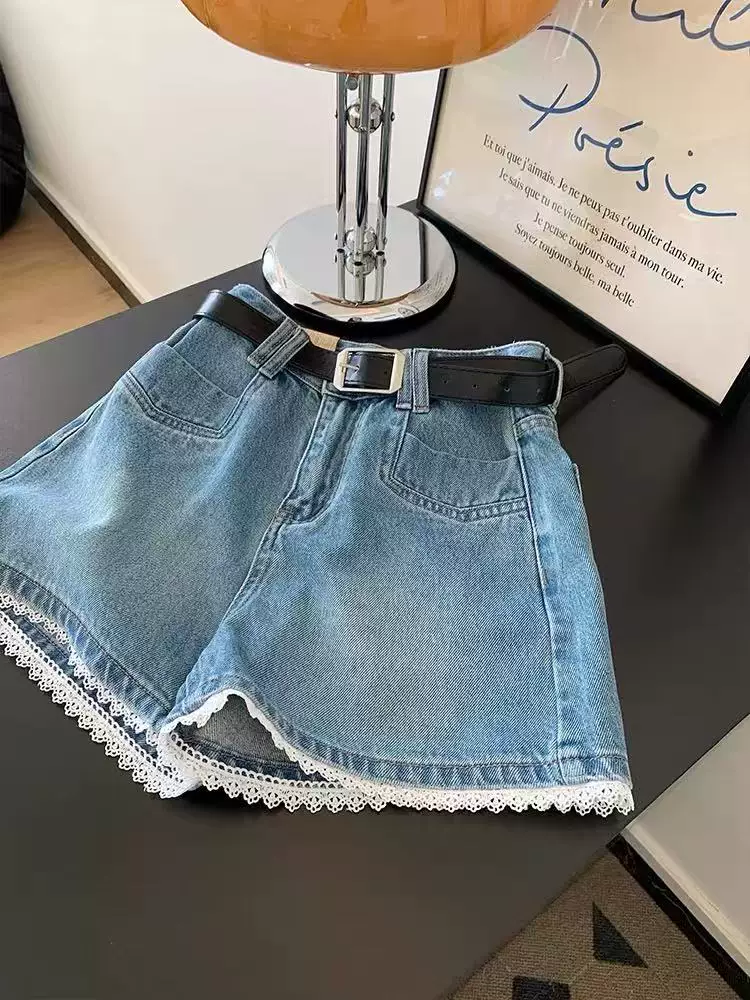 Quần short denim viền ren dành cho nữ, cỡ lớn mùa hè, lưng cao, dáng rộng, tôn dáng, dáng quả lê, quần ống rộng chữ A
