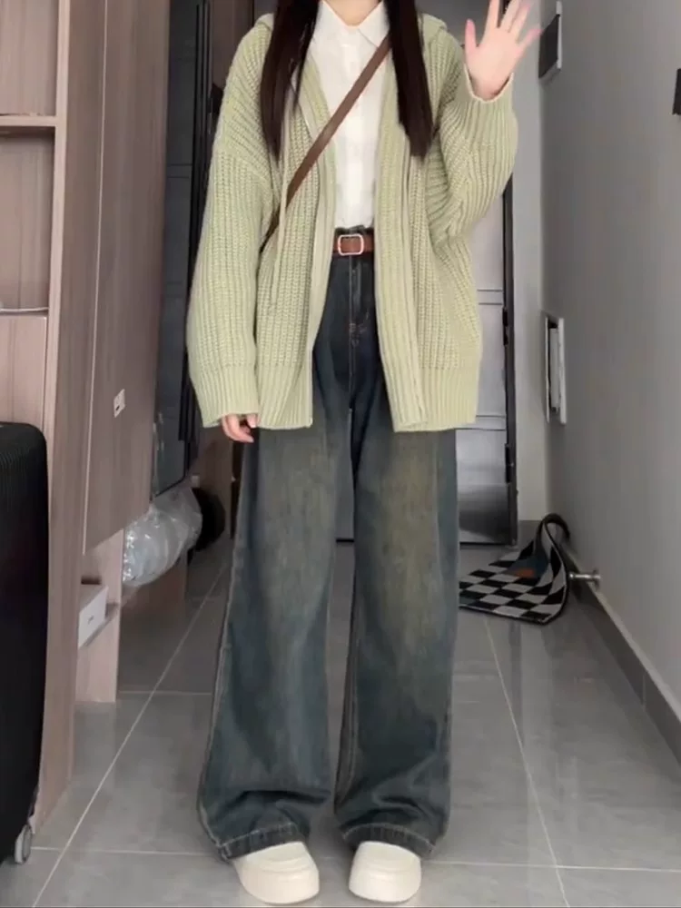 Quần jean ống thẳng màu xám xi măng cho nữ, phong cách mới đầu thu, cỡ lớn, lưng cao, dáng rộng, quần ống rộng hình quả lê