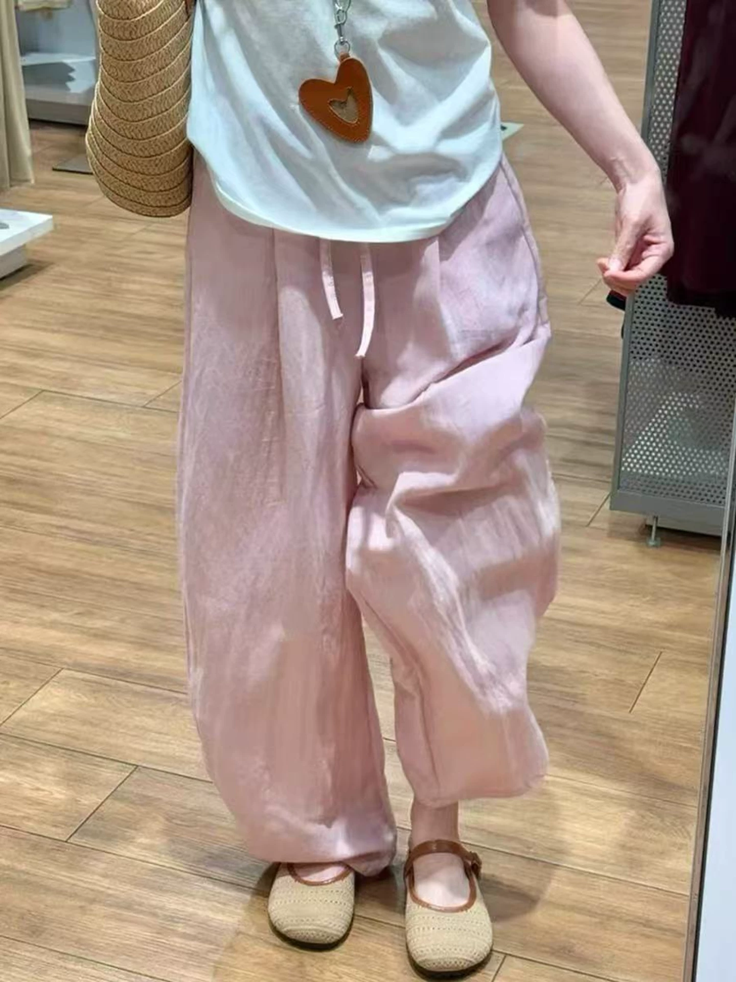 Quần vải lanh màu hồng ống rộng dành cho nữ mùa hè 2025 kiểu dáng mỏng, size lớn, cạp cao, tôn dáng, chất liệu lụa đá mềm mại, dáng rộng
