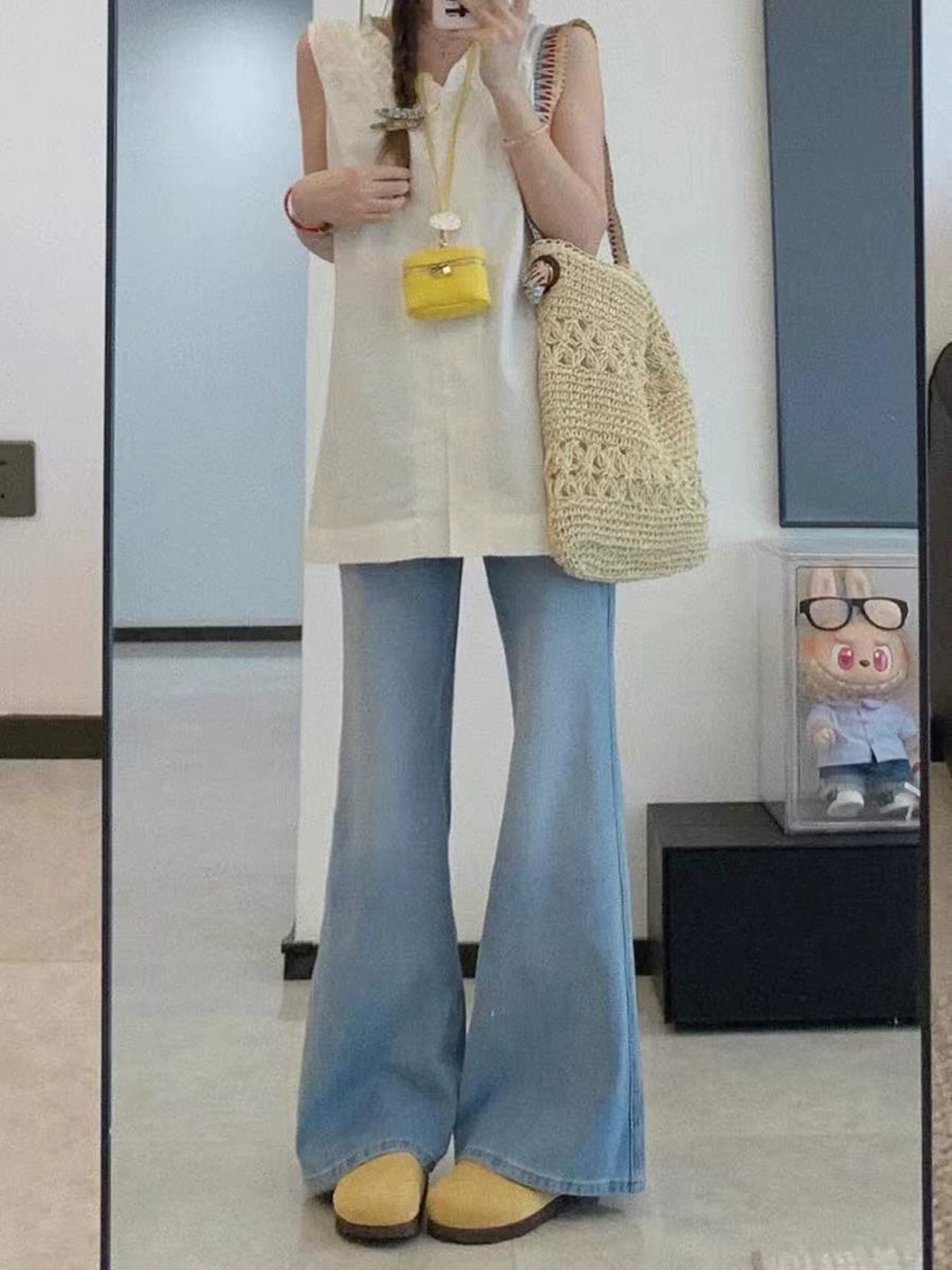 Quần jean Tencel màu sáng dành cho nữ, kiểu dáng mỏng mùa hè, cỡ lớn, lưng cao, tôn dáng, không bó sát, quần ống chuông bằng vải lụa băng