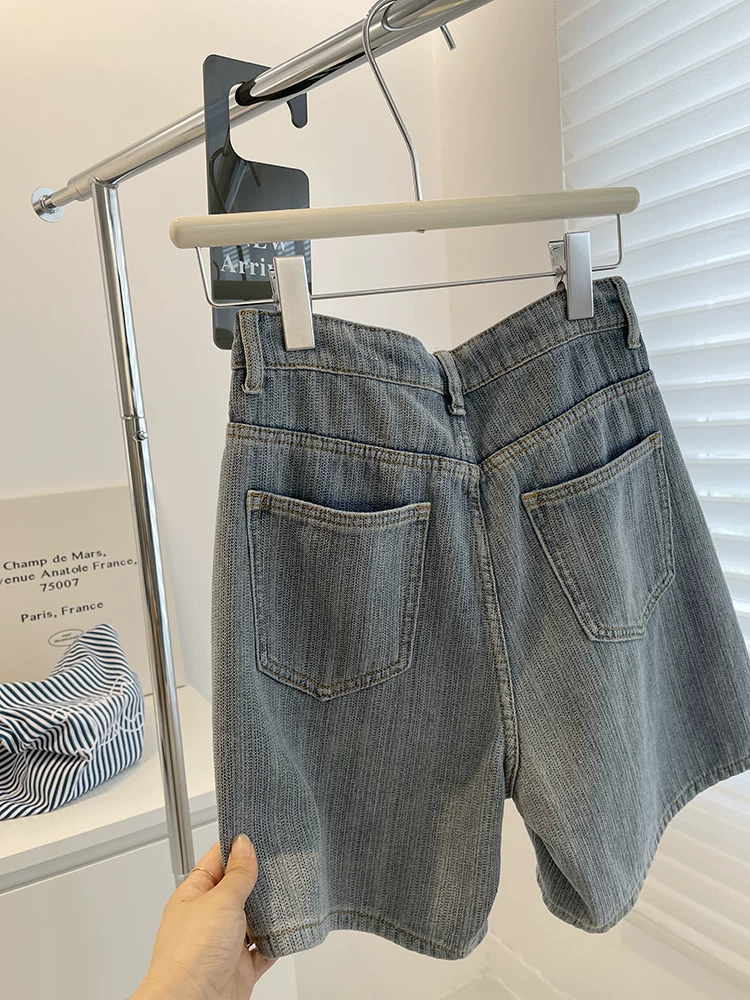 Quần short denim cổ điển dáng quả lê dành cho nữ, kiểu dáng mỏng mùa hè, cỡ lớn, lưng cao, dáng rộng, dáng suông, dáng rộng, quần short dài vừa phải.