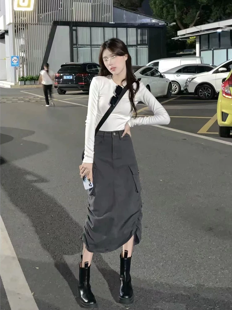 Váy công sở màu xám dành cho nữ, váy chữ A dáng quả lê mùa hè, váy dài vừa phải, cạp cao, tôn dáng, dành cho nữ cỡ lớn.