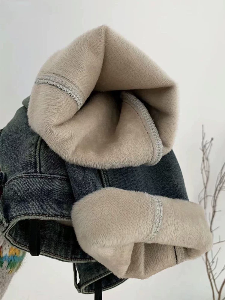 Quần jeans ống đứng dày dặn lót lông màu xanh cổ điển dành cho nữ, thu đông 2025, size lớn, cạp cao, dáng rộng, tôn dáng