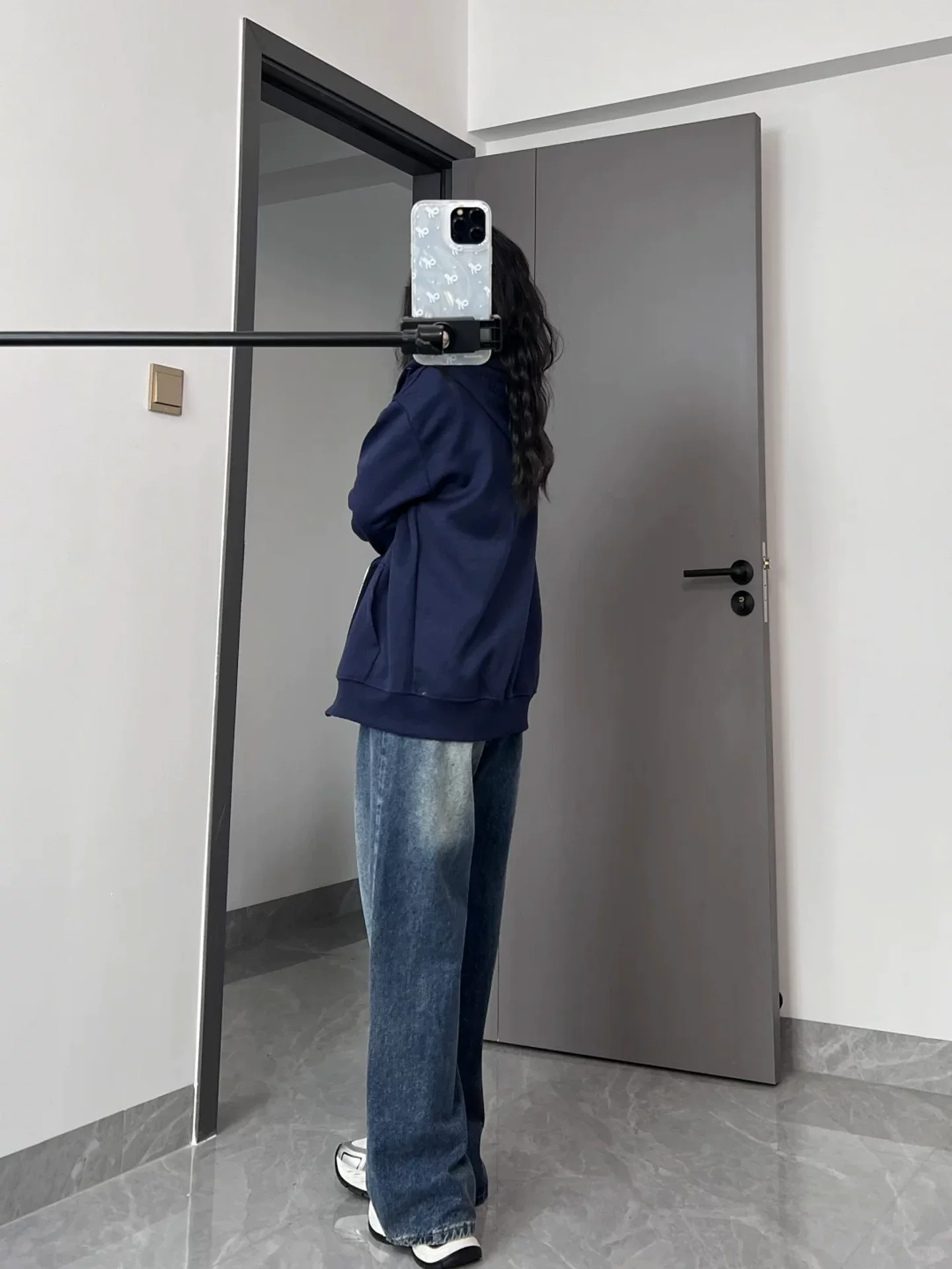 Quần jean ống rộng lưng cao màu xanh cổ điển dành cho nữ, mùa thu đông, lót lông cừu, cỡ lớn, dáng rộng cho người có thân hình quả lê, quần dài ống thẳng