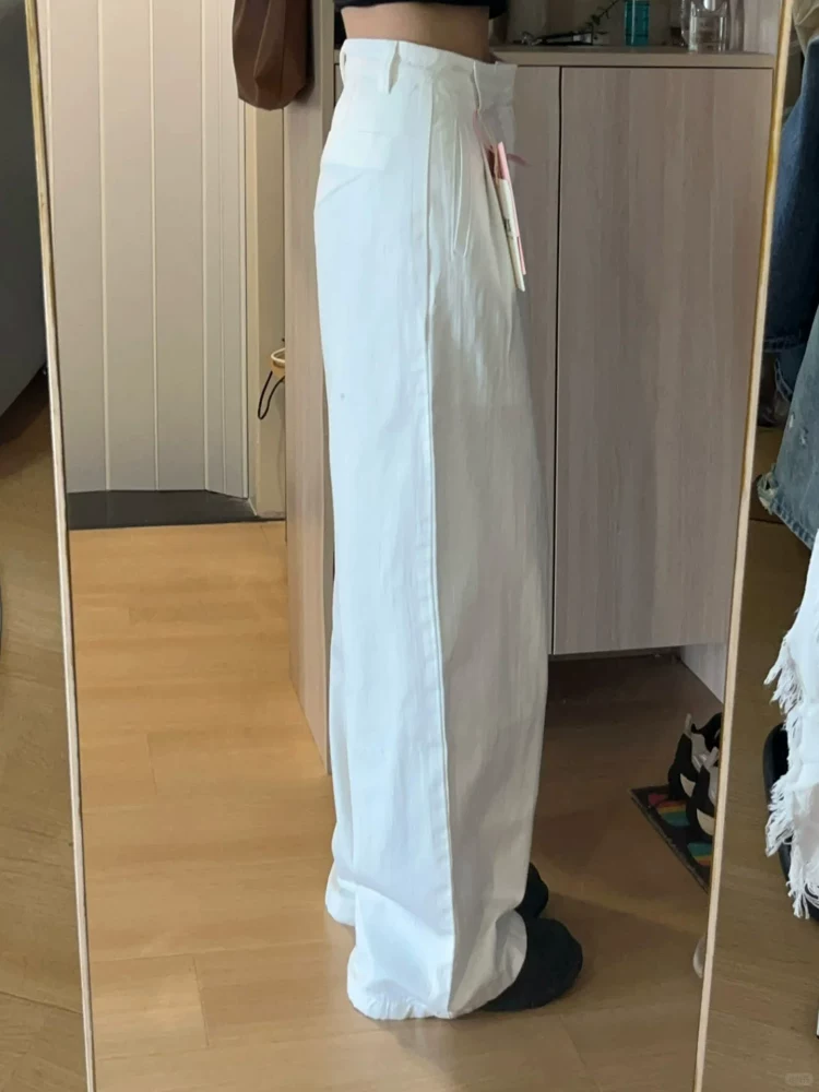 Quần jean ống đứng màu trắng có họa tiết dành cho nữ, mùa hè, cỡ lớn, hông rộng, chân dày, eo cao, giảm béo, dáng quả lê, quần ống rộng