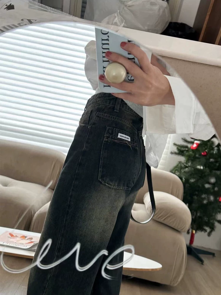 Quần jean xanh cổ điển dành cho nữ, phong cách mùa thu mới, cỡ lớn, lưng cao, dáng rộng, thon gọn, dáng quả lê, quần ống rộng thẳng