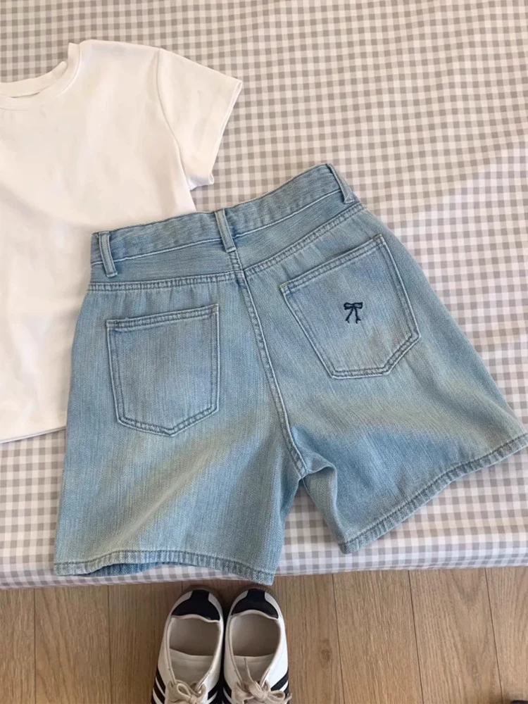 Quần short denim thêu nơ màu xanh nhạt cỡ lớn dành cho nữ mùa hè lưng cao dáng rộng dáng rộng quần ống rộng giảm béo