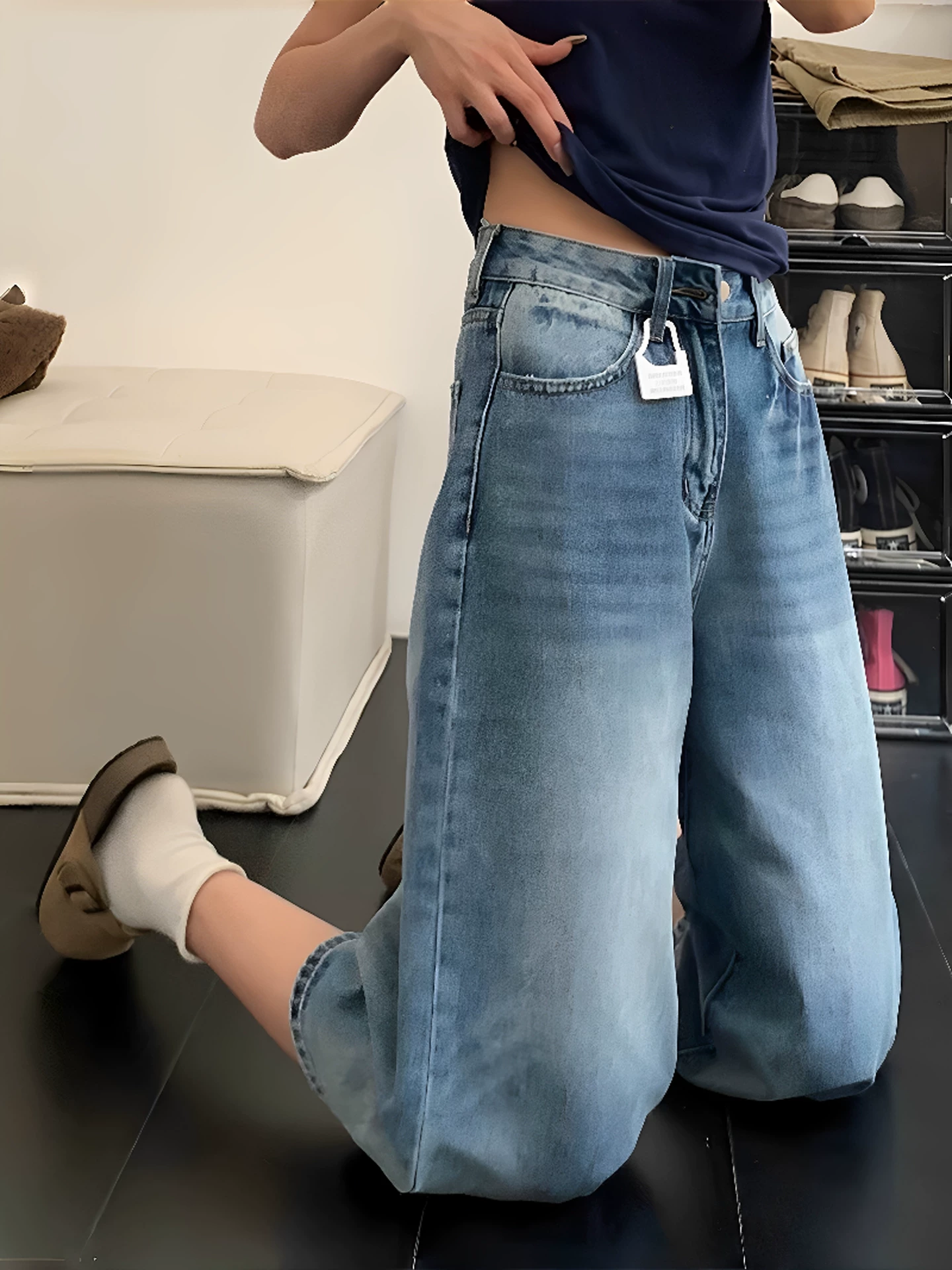 Quần jeans nữ ống rộng, cạp cao, dáng suông, tôn dáng, size lớn, kiểu mới hè 2025, dài đến giữa bắp chân