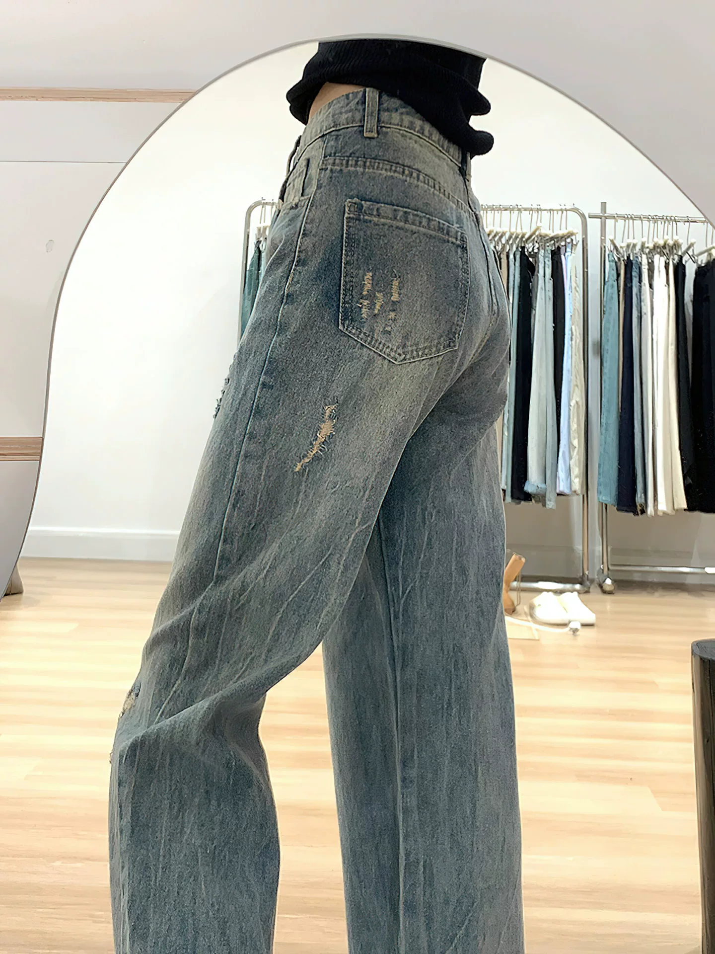 Quần jean rách màu xanh cổ điển dành cho nữ, phong cách mùa thu mới, cỡ lớn, lưng cao, dáng rộng, thon gọn, dáng quả lê, quần ống rộng