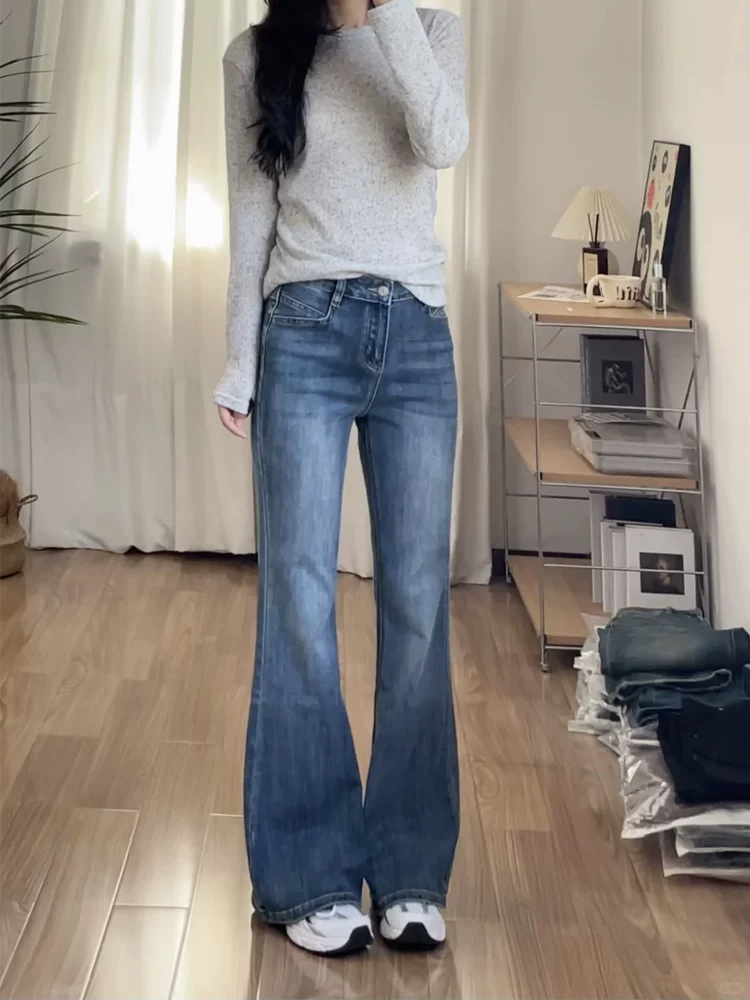 Quần jean dáng chuông dành cho nữ, size lớn mùa xuân, cạp cao, co giãn, che hông, tôn dáng, quần dài ống loe