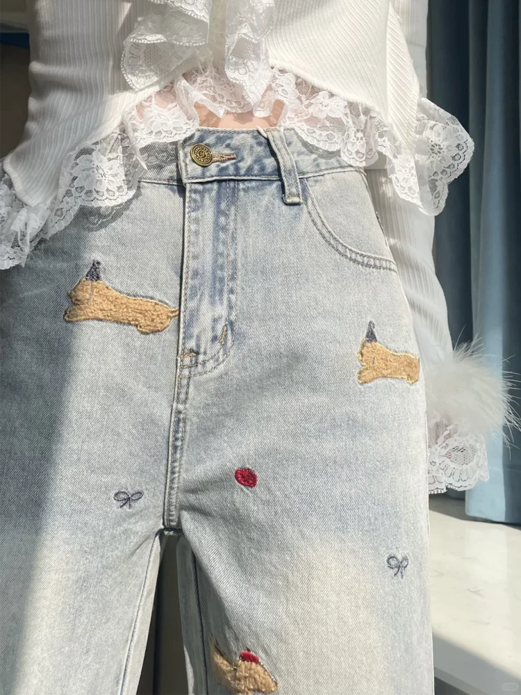 Quần jean ống đứng thêu hình chó dachshund dành cho nữ, mùa thu đông, lót lông cừu, dày, cỡ lớn, lưng cao, giảm béo, ống rộng, quần dài đến sàn