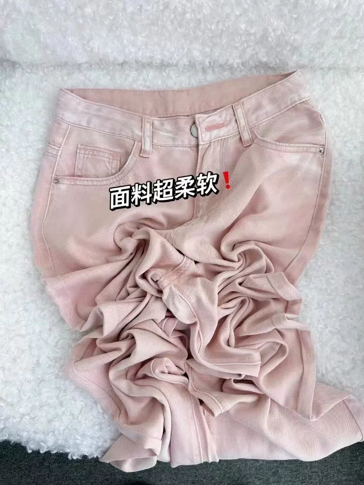 Quần jean ống đứng màu hồng Tencel dành cho nữ, kiểu dáng mỏng mùa hè, cỡ lớn, lưng cao, dáng rộng, suôn mềm, quần ống rộng giúp thon gọn