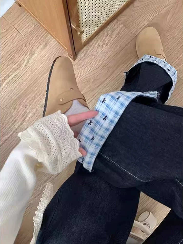 Quần jean ống đứng cho nữ, mùa xuân, cỡ lớn, lưng cao, dáng rộng, giảm béo, dáng quả lê, chắp vá kẻ sọc, quần ống rộng