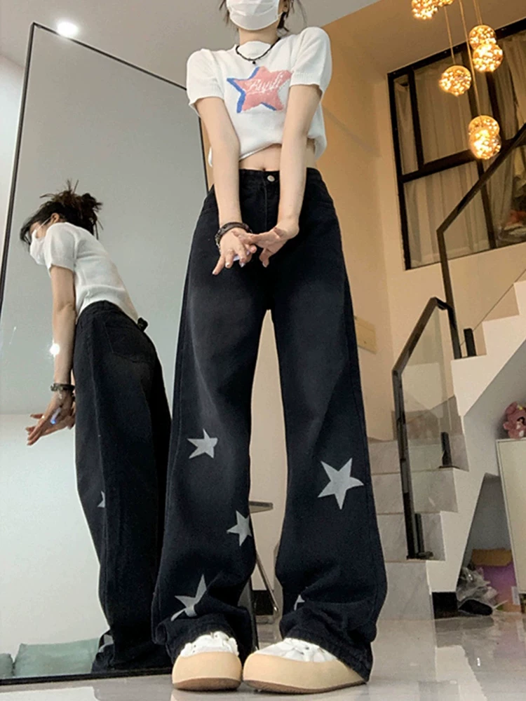 Quần jean dáng thẳng thiết kế dáng quả lê dành cho nữ, mặc đầu thu, quần jean ống rộng cạp cao dáng rộng, dáng rộng, cỡ lớn