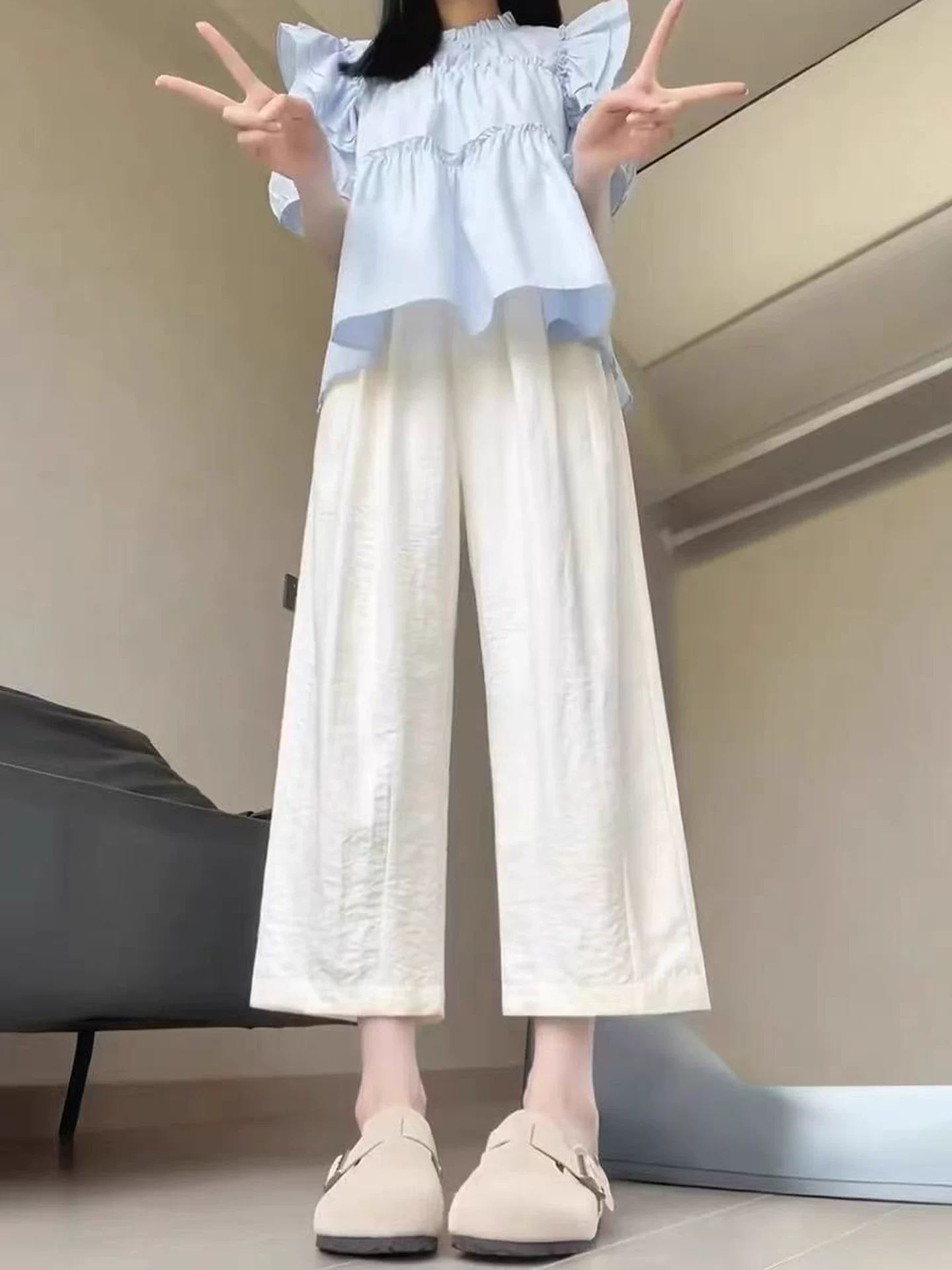 Quần âu trắng cho nữ, kiểu dáng mỏng mùa hè, cỡ lớn, lưng cao, dáng rộng, giảm béo, quần bóng dáng rộng, quần ống rộng mây.