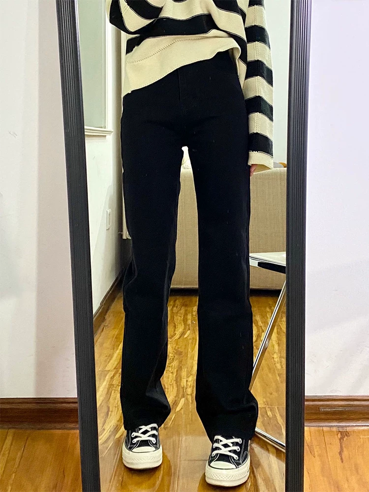 Quần jean đen ống thẳng cho nữ, mặc đầu thu, cỡ lớn, lưng cao, giảm béo, dáng quả lê, quần dài ống rộng hẹp