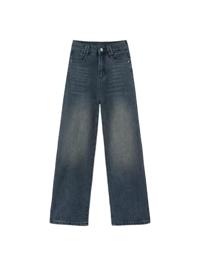 Quần jean ống đứng màu xanh cổ điển dành cho nữ, cỡ lớn, mùa thu đông, lót lông cừu, lưng cao, dáng rộng, giảm béo, dáng quả lê, quần ống rộng