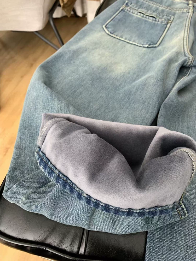 Quần jean ống thẳng dày lót lông màu xanh cổ điển dành cho nữ, phong cách thu đông, cỡ lớn, cạp cao, che hông, quần ống rộng giúp thon gọn.