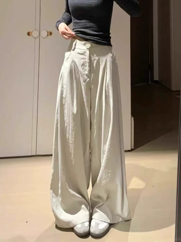 Quần âu lụa băng màu trắng sữa dành cho nữ, kiểu dáng mùa hè mới, cỡ lớn, lưng cao, dáng suôn, tôn dáng, quần Yamamoto ống rộng.