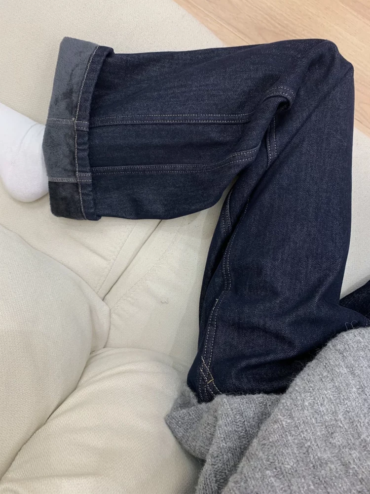 Quần jean ống đứng màu xanh đậm dành cho nữ, mùa thu đông, cỡ lớn, lót lông cừu, dày dặn, cạp cao, che hông, giảm béo, quần ống rộng hẹp.