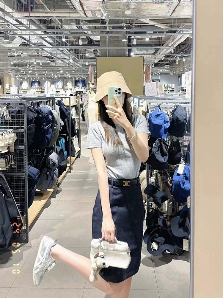 Váy denim xanh đậm dành cho nữ, kiểu dáng mỏng mùa hè, cỡ lớn, lưng cao, che hông, váy chữ A thon gọn, váy midi thường ngày.