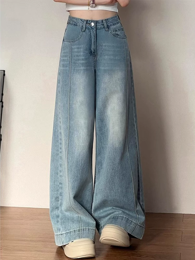 Quần jean ống rộng màu xanh cổ điển dành cho nữ, kiểu dáng mỏng mùa hè, cỡ lớn, lưng cao, dáng rộng, tôn dáng, dành cho người có thân hình quả lê, quần ống thẳng.