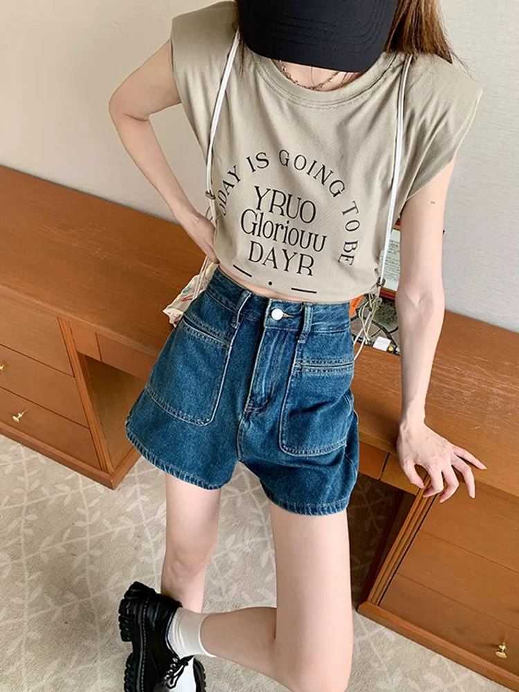 Quần short denim màu xanh retro dành cho nữ trong mùa hè, cỡ lớn, eo cao, dáng rộng, tôn dáng, dành cho người có thân hình quả lê, quần ống rộng dáng chữ A