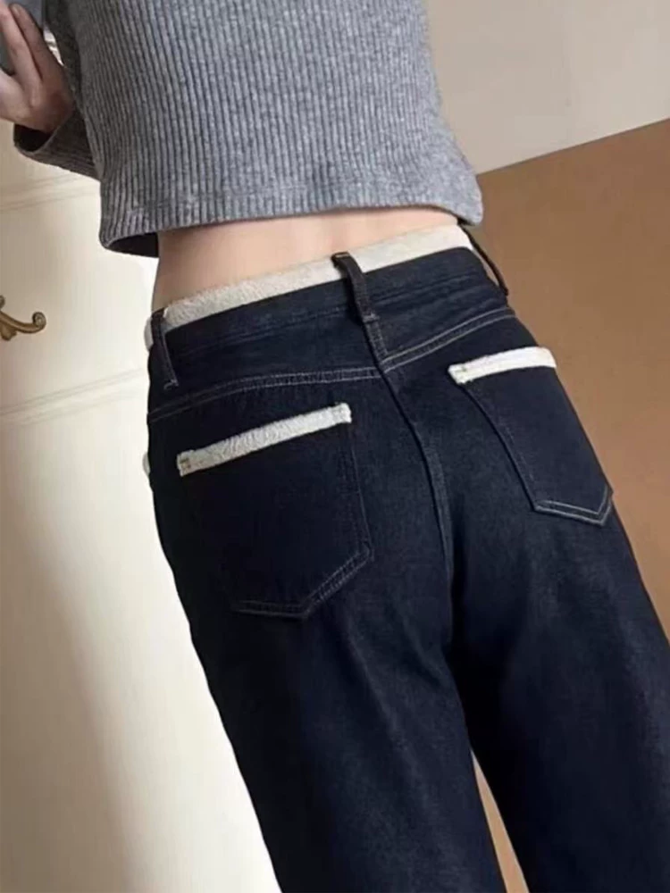 Quần jean dày lót lông màu xanh đậm dành cho nữ, kiểu dáng thu đông mới, cỡ lớn, lưng cao, dáng rộng, dáng suông, quần ống rộng hẹp.