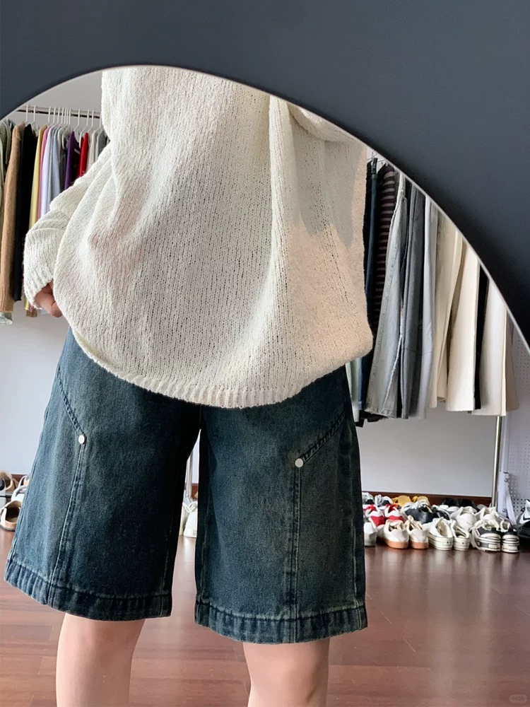 Quần short denim chữ A kiểu Mỹ màu xanh cổ điển dành cho nữ, cỡ lớn mùa hè, cạp cao, giảm béo, ống thẳng, quần short ống rộng dài vừa phải.