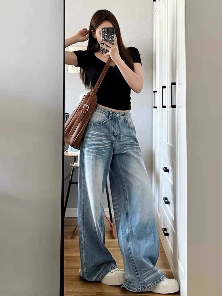 Quần jean ống thẳng kiểu Mỹ cổ điển dành cho nữ, phong cách mùa thu mới, cỡ lớn, lưng cao, dáng rộng, xếp nếp, giảm béo, quần ống rộng