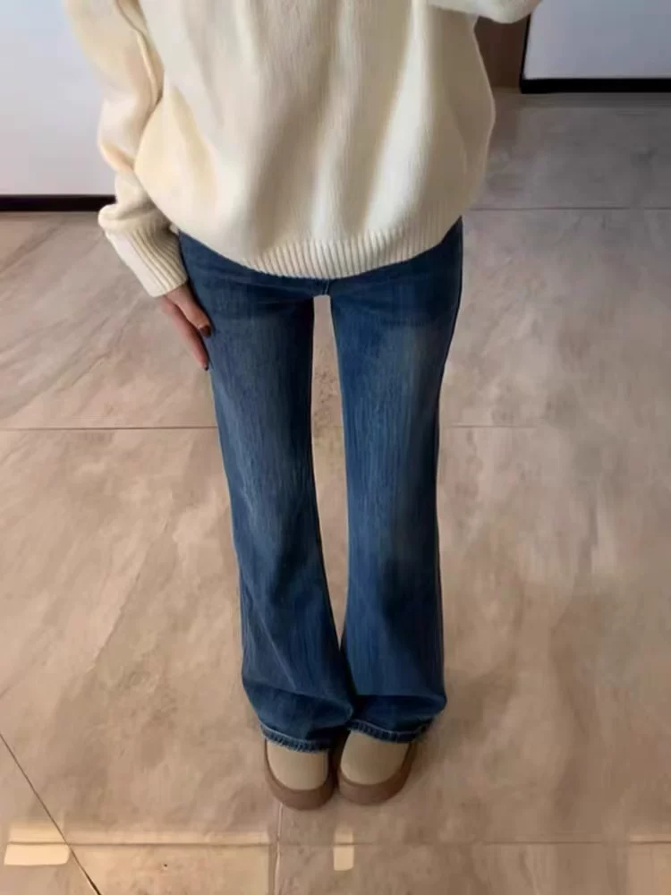 Quần jean ống đứng loe dành cho nữ, mùa thu đông, lót lông cừu, cỡ lớn, lưng cao, co giãn, che hông, giảm béo, quần dài ống loe