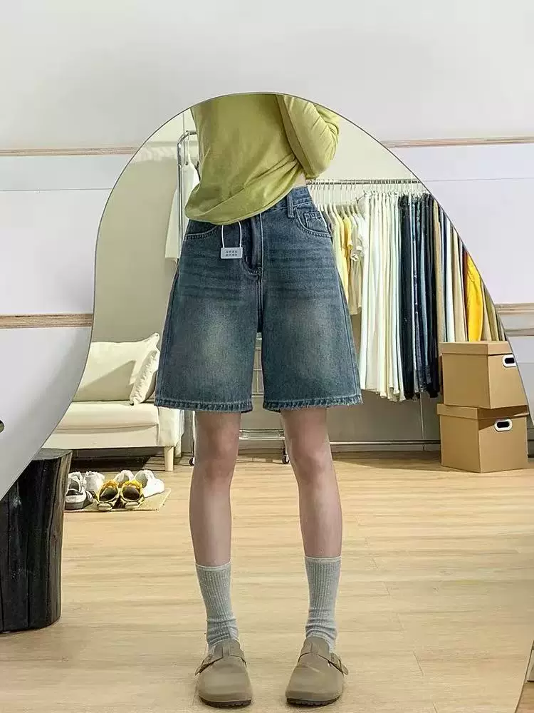 Quần short denim ống rộng màu xanh cổ điển dành cho nữ, cỡ lớn mùa hè, lưng cao, dáng rộng, thon gọn, dáng quả lê, quần short dài vừa phải.
