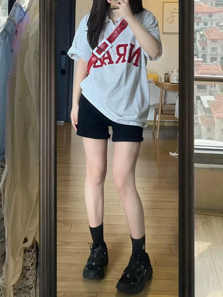 Kiểu dáng hình quả lê, quần short denim đen dành cho nữ, size lớn mùa hè, lưng cao, co giãn, tôn dáng, quần ống rộng dáng chữ A.