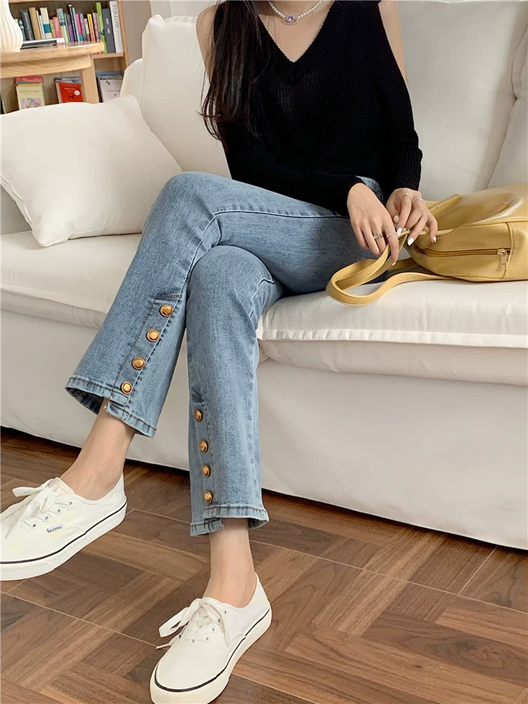 Quần jean dáng chuông xẻ tà dành cho nữ, mùa thu đông, lót lông cừu, size lớn, cạp cao, co giãn, che hông, kiểu dáng quần ống đứng