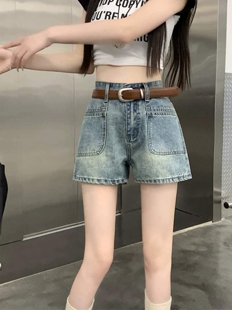 Quần short denim dáng lê dành cho nữ, kiểu dáng mỏng mùa hè, cỡ lớn, lưng cao, dáng rộng, che hông, quần ống rộng chữ A tôn dáng