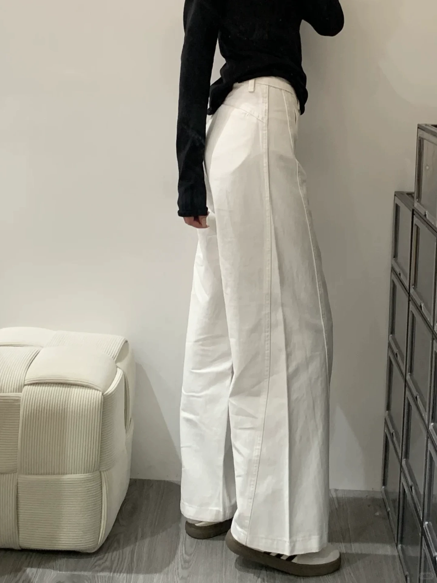 Quần jean trắng ống thẳng cho nữ, mùa thu, cỡ lớn, lưng cao, dáng rộng, giảm béo, dáng quả lê, quần ống rộng